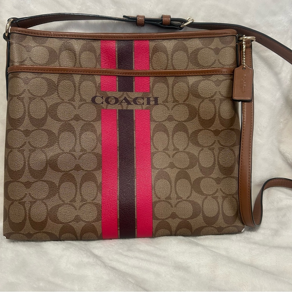 Coach Varsity Crossbody Bag with Hot Pink Stripe and Linging